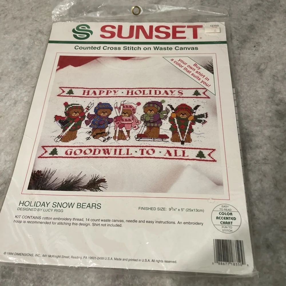 NEW Sunset Counted Cross Stitch Kit 18350 Holiday Snow Bears Complete Christmas